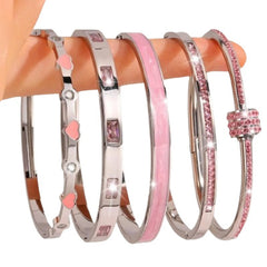 Sparkling Heart & Textured Titanium Bangle Bracelet Set 5-Piece Hinged Tennis Style