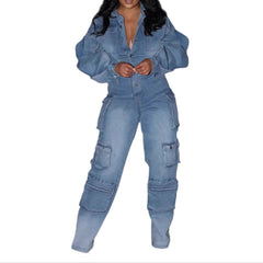 Women's Long Sleeve Denim Jumpsuit Light Denim Women Fashion Trendy