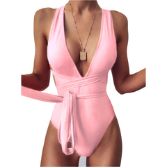 Pink Sexy V-Neck Cut-Out One-Piece Swimsuit for Women