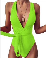 Lime Green Sexy V-Neck Cut-Out One-Piece Swimsuit for Women