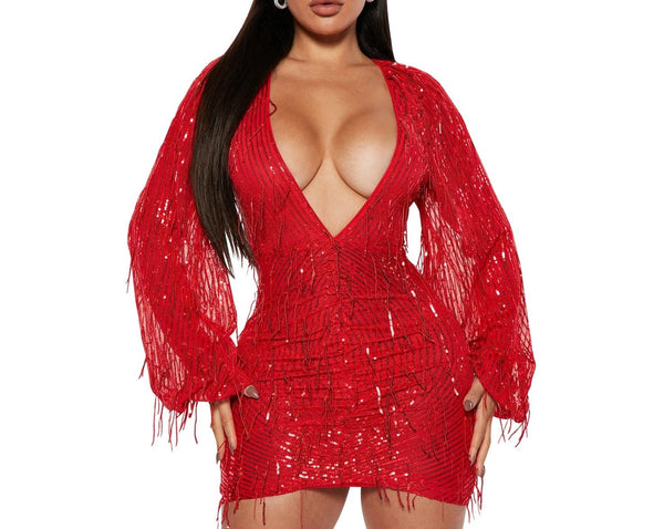 Women's Red V-neck Sequin Tassel Dress