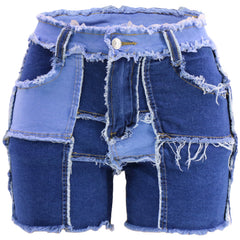 Summer Patchwork Denim Shorts for Women High Waist Casual Jean Shorts