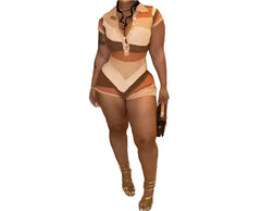 Brown Femme Flex Women's Summer Knit Elegant Short Sleeve Contrast Color Romper