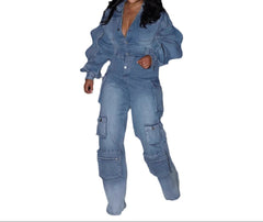 Women's Long Sleeve Denim Jumpsuit Light Denim Women Fashion Trendy