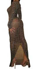 Elegant Glamour: Trendy Women's Long-Sleeved Maxi Party Dress with Rhinestone Detailing