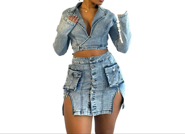 Women's Dark Wash Denim Mini Dress Zipper Side Detail Trendy Outfit