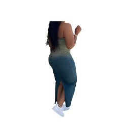 Women’s Ombre Strapless Tube Top Denim Midi Dress  Sleeveless, Fitted, Split Back