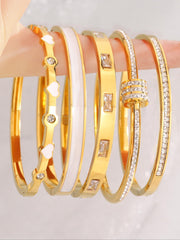 White Sparkling Heart & Textured Titanium Bangle Bracelet Set 5-Piece Hinged Tennis Style
