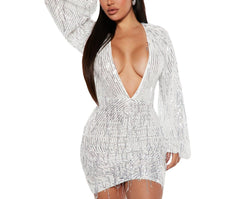 Women's Silver V-neck Sequin Tassel Dress