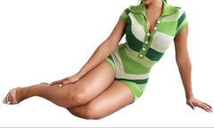 Green Femme Flex Women's Summer Knit Elegant Short Sleeve Contrast Color Romper
