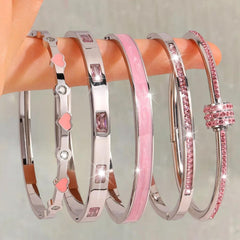 Pink Sparkling Heart & Textured Titanium Bangle Bracelet Set 5-Piece Hinged Tennis Style