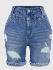 Blue Women's Plus Size High Stretch Ripped Denim Shorts Curvy Fit Jean Shorts for Summer