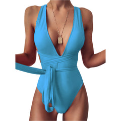 Light Blue Sexy V-Neck Cut-Out One-Piece Swimsuit for Women