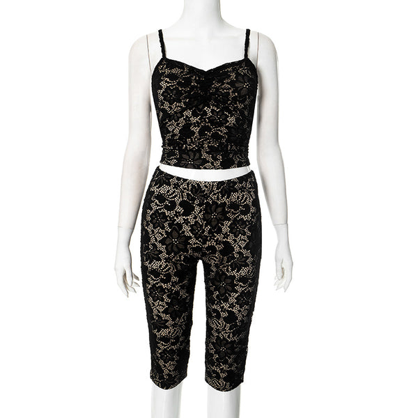 Women's 2 Piece Lace Lingerie Set – Sexy Floral Crop Top & Capri Leggings Clubwear