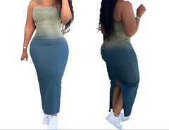 Women’s Ombre Strapless Tube Top Denim Midi Dress  Sleeveless, Fitted, Split Back