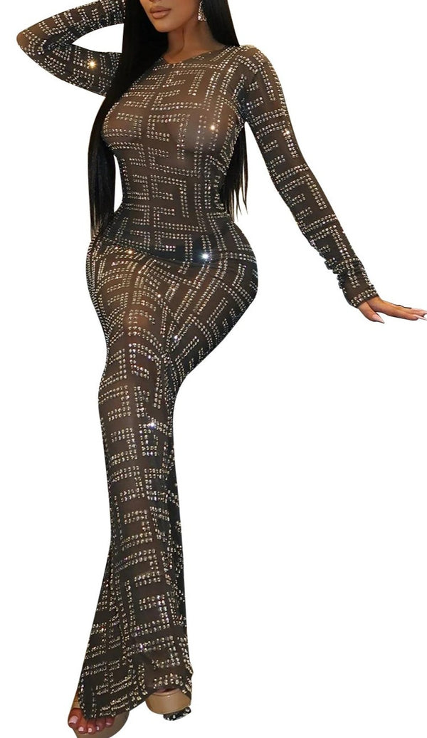 Women's Designer Fashion Mesh Rhinestone Long-sleeved Maxi Dress
