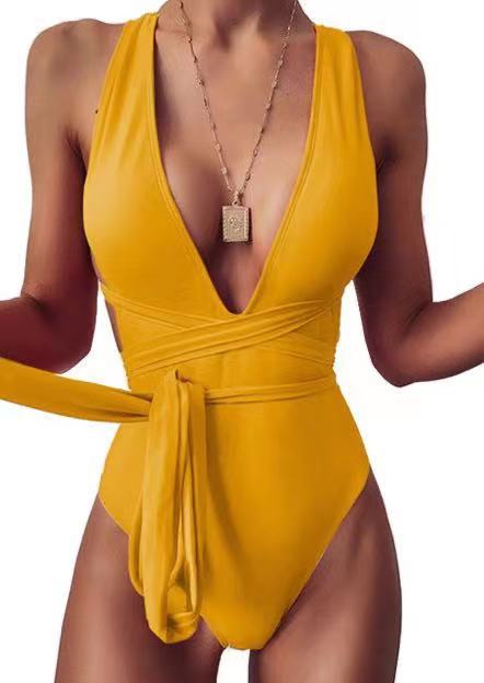 Yellow Sexy V-Neck Cut-Out One-Piece Swimsuit for Women