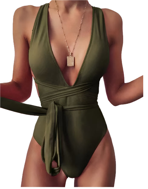 Plus Size Green  Sexy V-Neck Cut-Out One-Piece Swimsuit for Women
