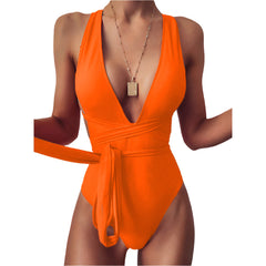 Orange Sexy V-Neck Cut-Out One-Piece Swimsuit for Women