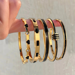 Black /Gold Sparkling Heart & Textured Titanium Bangle Bracelet Set 5-Piece Hinged Tennis Style