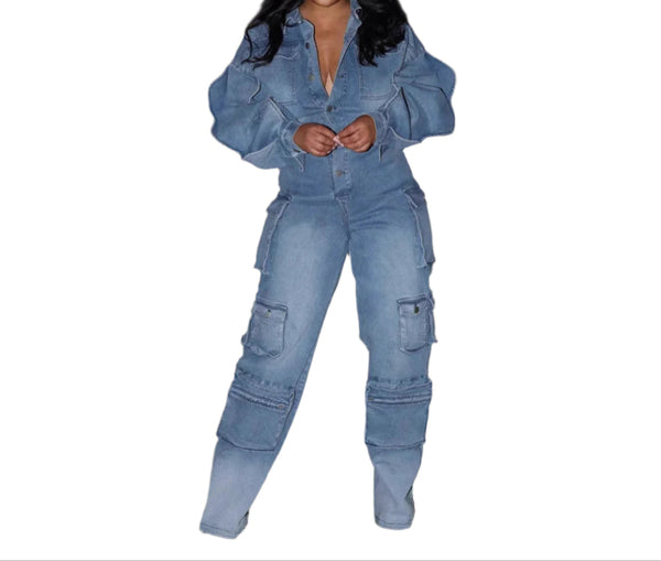 Women's Long Sleeve Denim Jumpsuit Light Denim Women Fashion Trendy