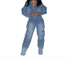Women's Long Sleeve Denim Jumpsuit Light Denim Women Fashion Trendy