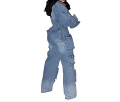 Women's Long Sleeve Denim Jumpsuit Light Denim Women Fashion Trendy