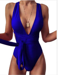 Dark Blue Sexy V-Neck Cut-Out One-Piece Swimsuit for Women