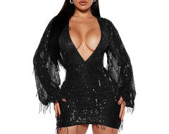 Women's  Black V-neck Sequin Tassel Dress