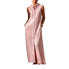 Pink Plus Linen Hooded Dress with Pockets Women's Sleeveless Summer Maxi Dress