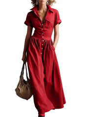Red Women's Pleated Short Sleeve Maxi Dress Elegant Flowing Airflow Long Dress
