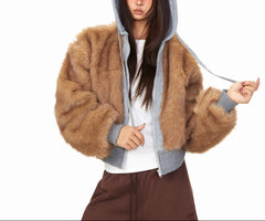 Urban Streetwear Oversized Brown Faux Far Hoodie  Fall/Winter Premium Long Sleeve Hooded Jacket