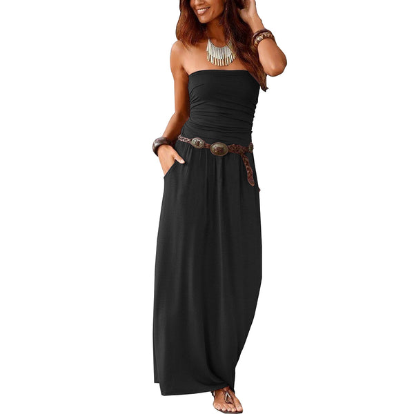 Black West Keys Solid Strapless Tube Top Maxi Dress  Summer Long Dress for Women