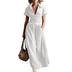 White Women's Pleated Short Sleeve Maxi Dress Elegant Flowing Airflow Long Dress