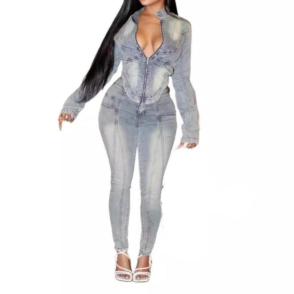 Women's Denim Long-Sleeve Top and Elastic Pants Set – Casual 2-Piece Outfit