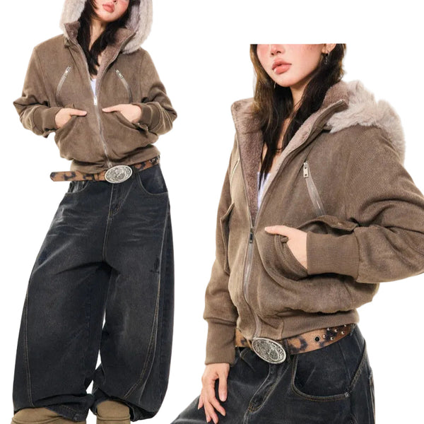 Women's Short Coffee Hooded Jacket - Cozy Loose Fit Warm Winter Coat