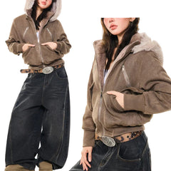 Women's Short Coffee Hooded Jacket - Cozy Loose Fit Warm Winter Coat