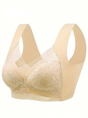 A beige wireless bra with sheer mesh cups, floral lace detailing, and wide shoulder straps, shown on a plain white background with the text '3pcs' in the top-left corner.