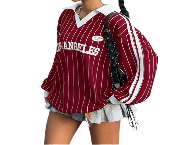 Red Women's Sporty Oversized Striped Knit Tee  Slubby Cotton Graphic Number T-Shirt