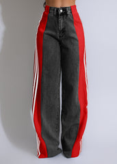 Fashion Casual High Waist Three Stripe Denim Wide Leg Pants