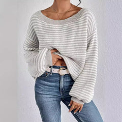 Gray Women’s Off-Shoulder Fold over Contrast Sweater Trendy Knit Top