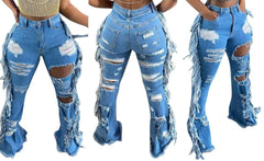 UrbanHue Distressed Tassel Jeans: Effortlessly Cool Washed Denim for Her