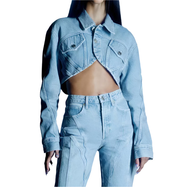 Blue Trendy Women's Stylish Denim Crop Jacket & Jean Set