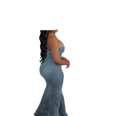 Women’s Denim Bandeau Maxi Dress in Medium Blue, Strapless Fit