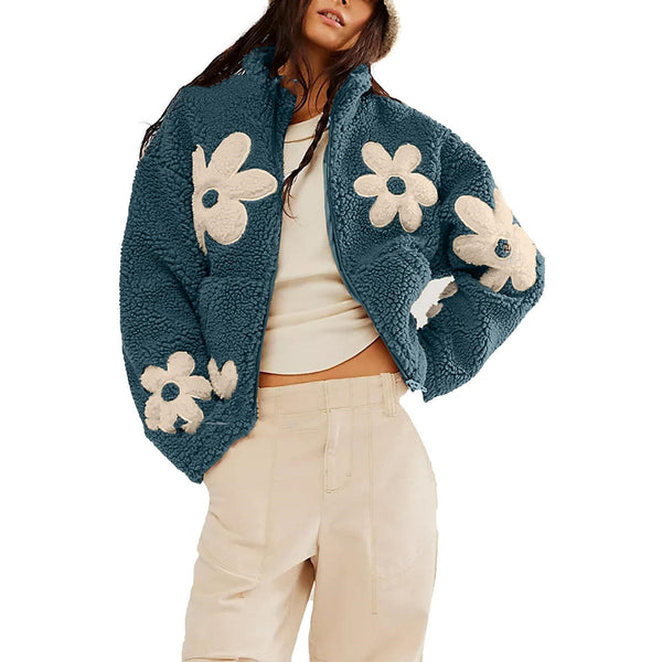 Blue Floral Lamb Woolen Zipper Top Cardigan Stylish & Warm Women’s Sweater
