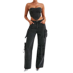 Women's Low Waist Cargo Jeans – 3D Tube Top Pocket Design