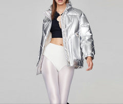 Women's Metallic Down Puffer Coat  Stand Collar & Multi-Pocket Winter Jacket