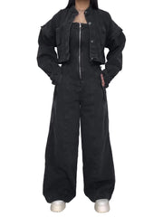 Black Plus Size Women’s Denim Wide Leg Strapless Jumpsuit with Crop Jacket Set