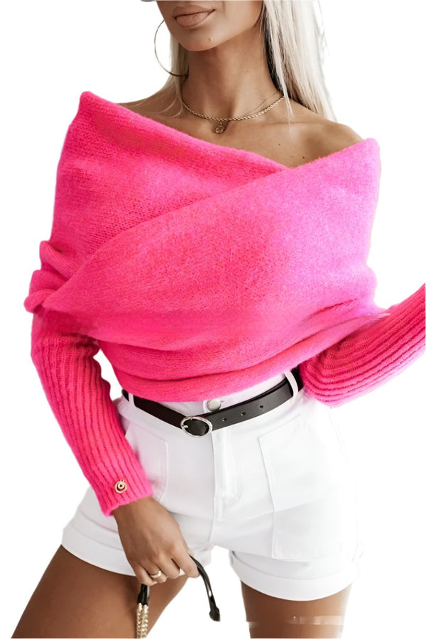 Pink Off-The-Shoulder Sweater with Cross Design Chic Women's Casual Knitwear