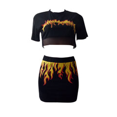 Black Flame Mesh Crop Top & Skirt Set Sexy Sheer Two-Piece Outfit for Women